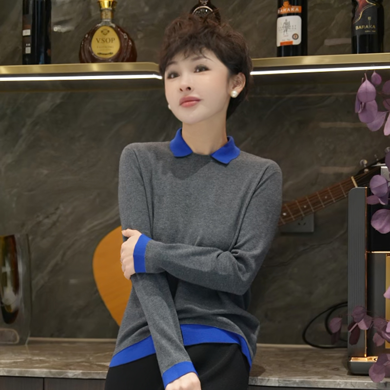 【简宁穿搭】小翻领假两件显瘦针织衫MG8527