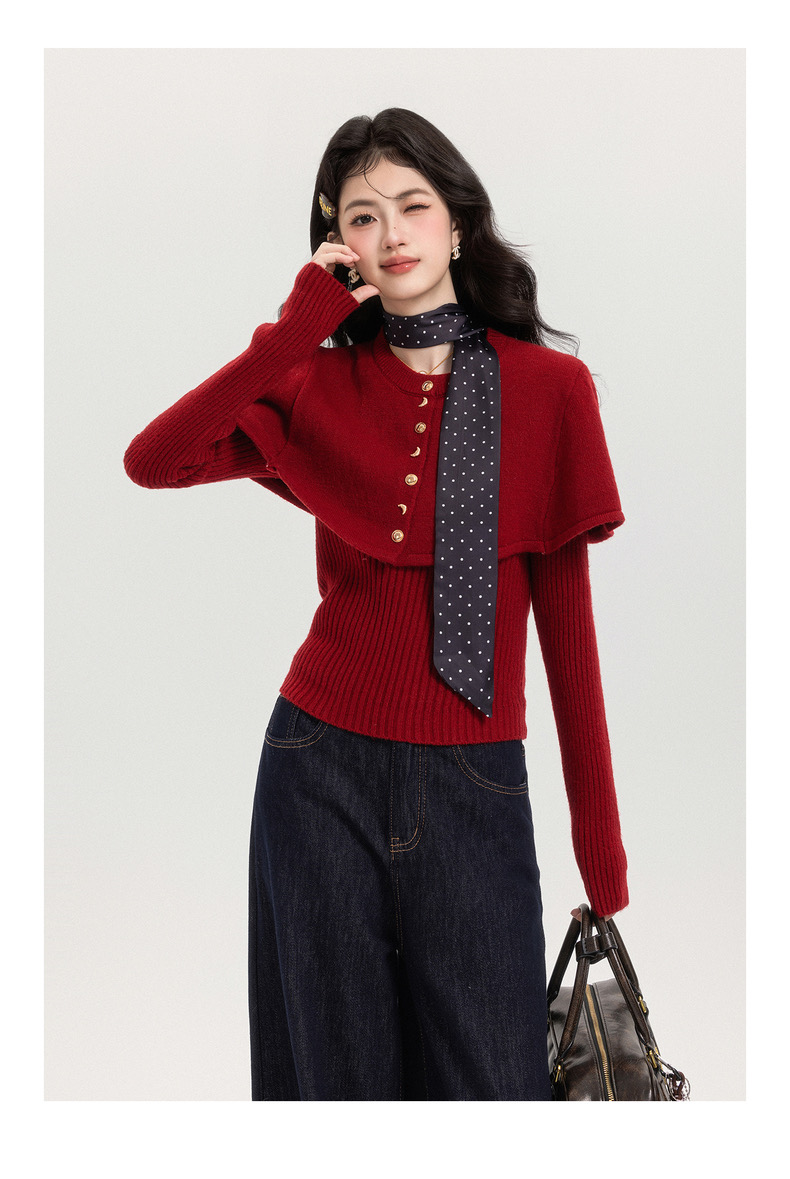 @1105 秋冬氛围感红色斗篷披肩毛衣女秋冬针织两件套短款千金上衣