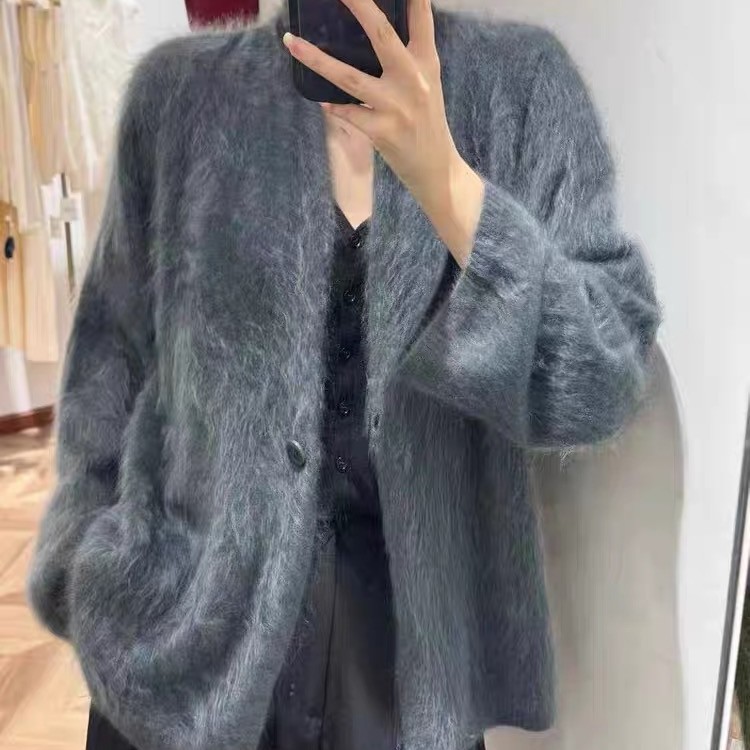 皇室拉绒100%纯山羊绒拉绒一粒扣开衫外套