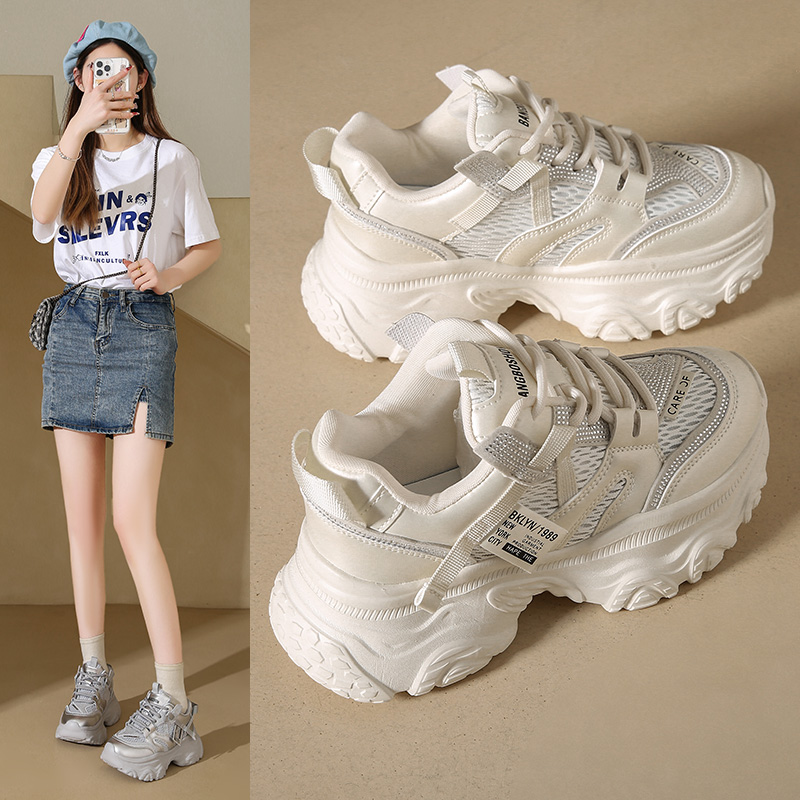 ESSE逸适老爹鞋2025春季银色镶钻运动风百搭低帮厚底运动鞋