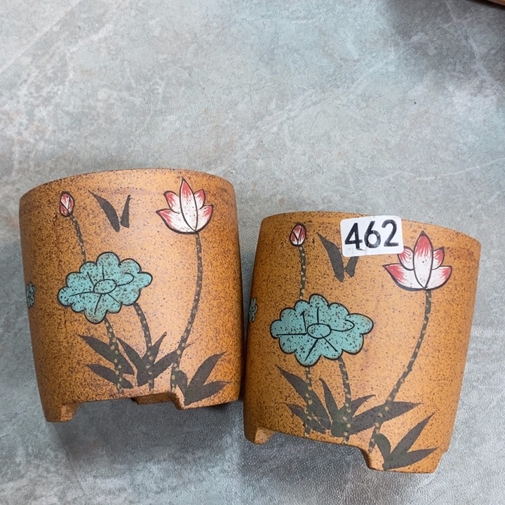 紫砂花盆 微瑕 2只 柴烧彩绘圆签筒口12高12