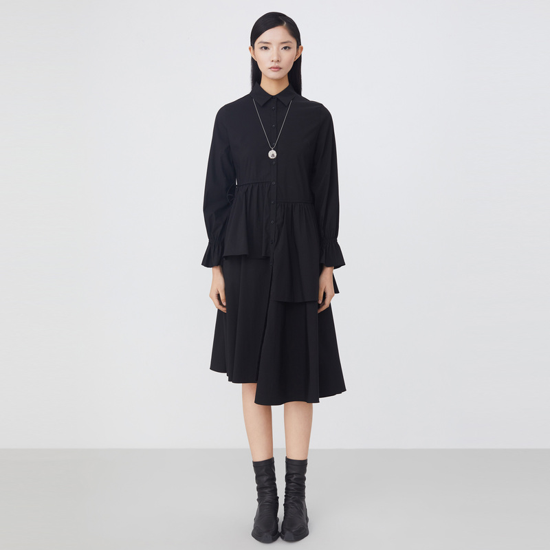 圣迪奥翻领抽绳拼接设计师时尚气质不规则衬衫连衣裙S21461227
