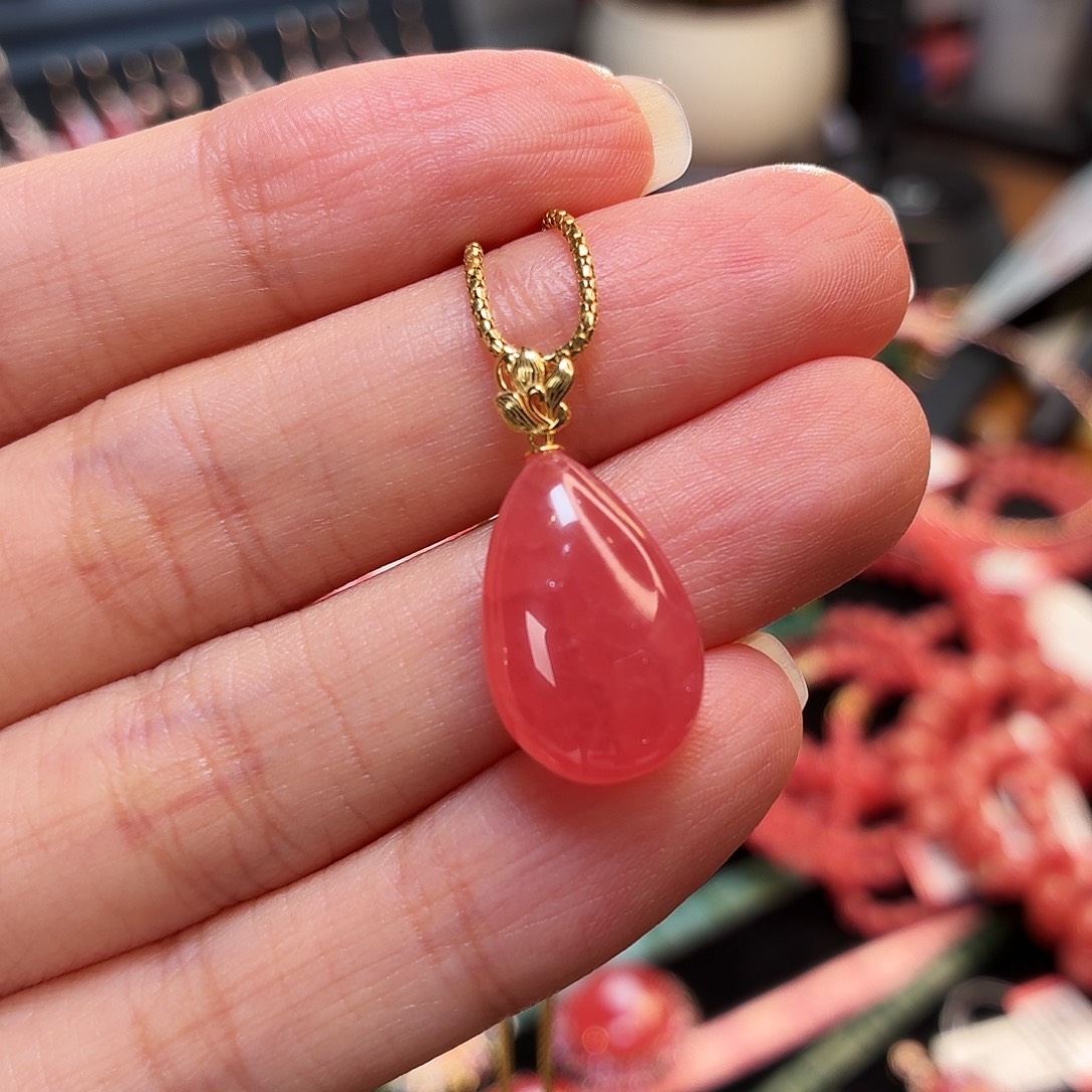 菱锰矿（红纹石）18K金镶嵌吊坠(不含链)