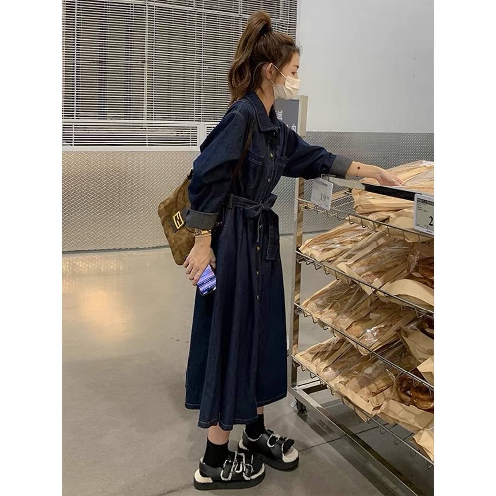 法式复古牛仔衬衫长袖连衣裙女秋装2025新款高级感收腰气质长裙子