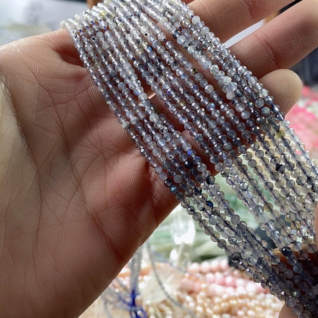 玛瑙/玉髓珠宝半成品合金一条天然3mm灰月光切面圆珠