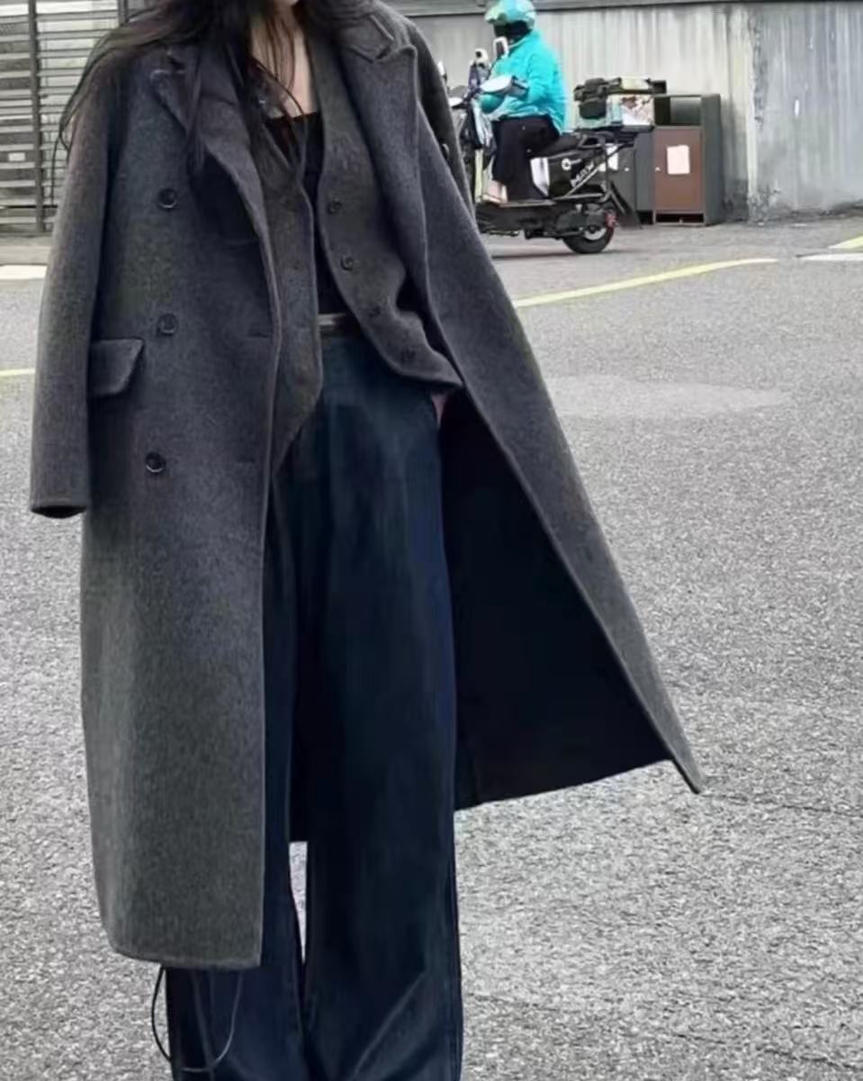 秋冬款双面羊毛大衣软糯双排扣长款外套纯色正肩西装领真两件