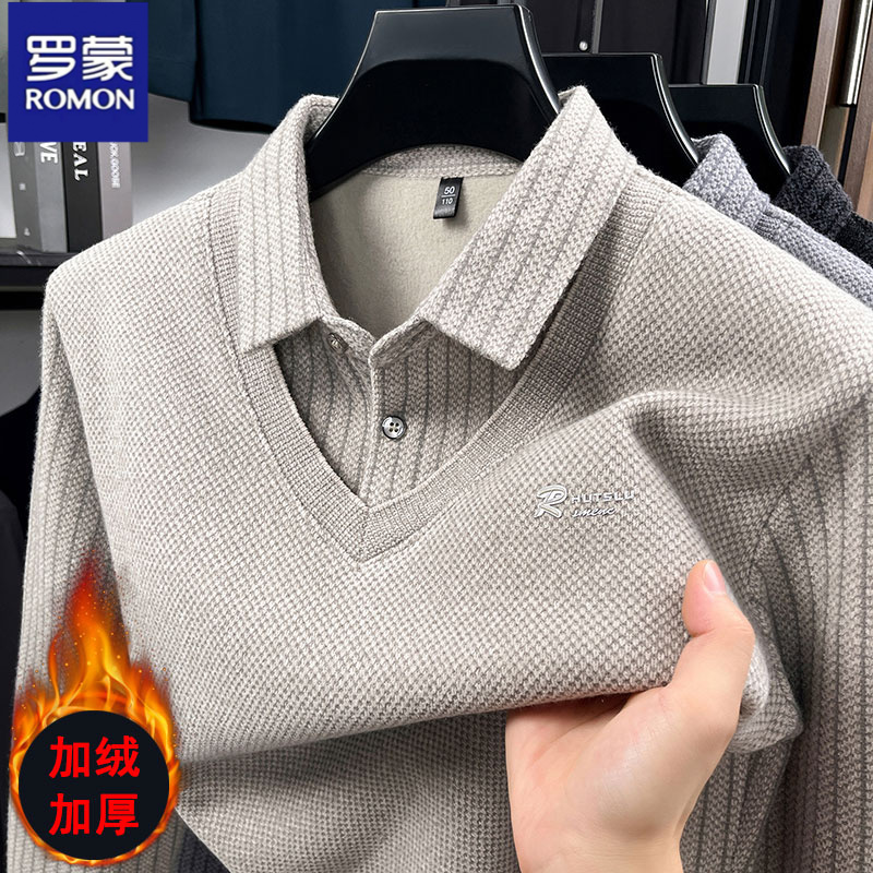 罗蒙加绒加厚保暖假两件针织衫男秋冬时尚胸标衬衫领套头内搭毛衣