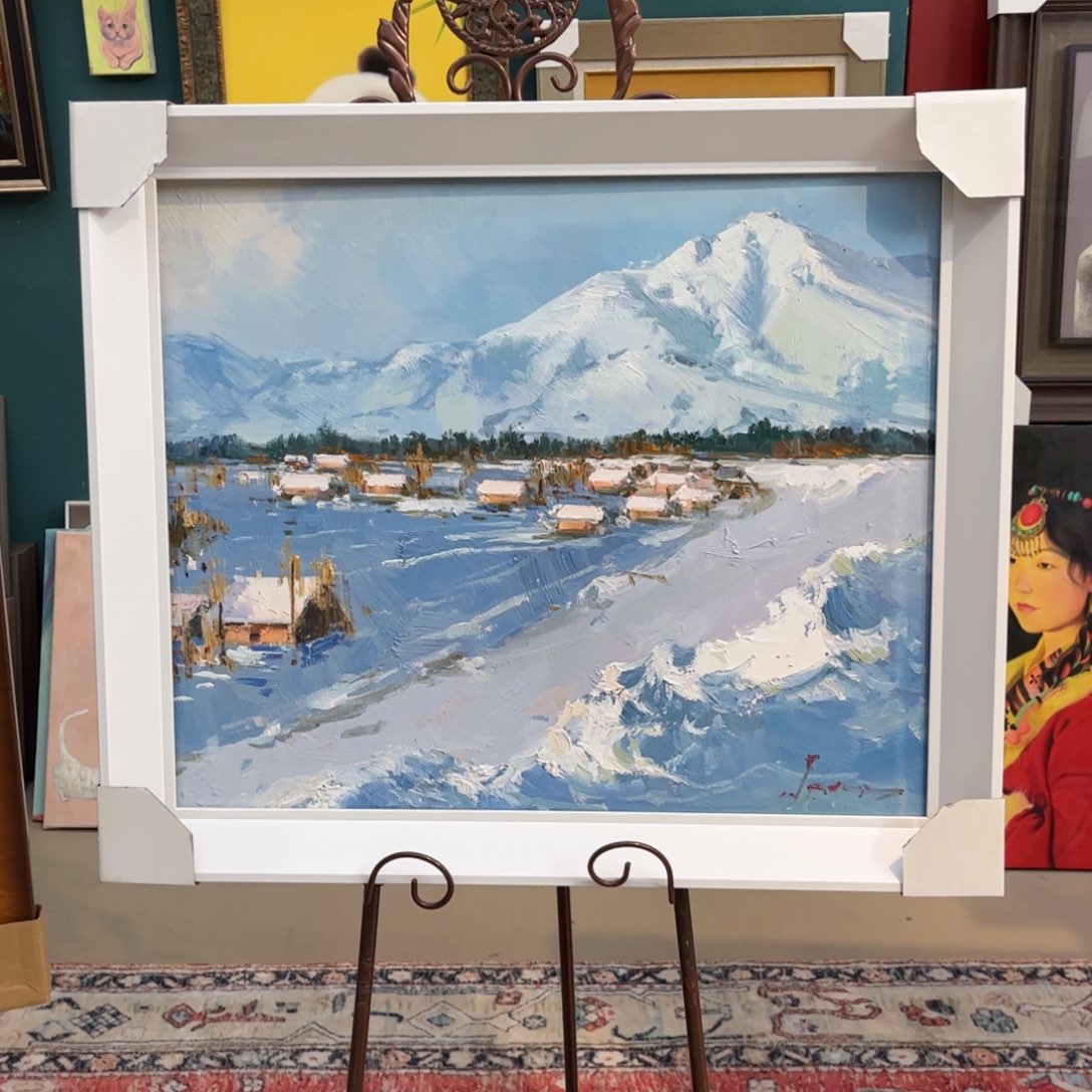 油画雪山手绘油画带框60×70