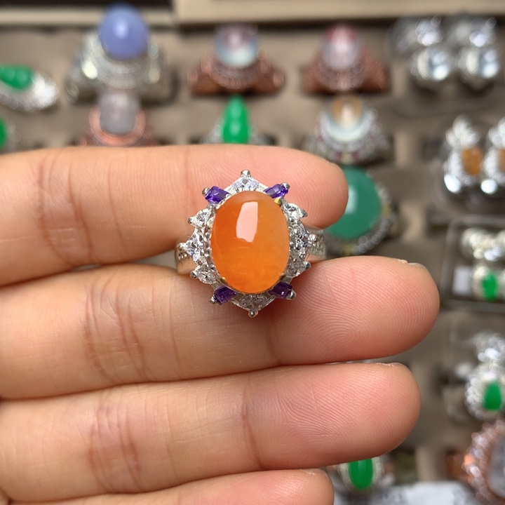 翡翠合金戒指翡翠糯冰橘色戒面