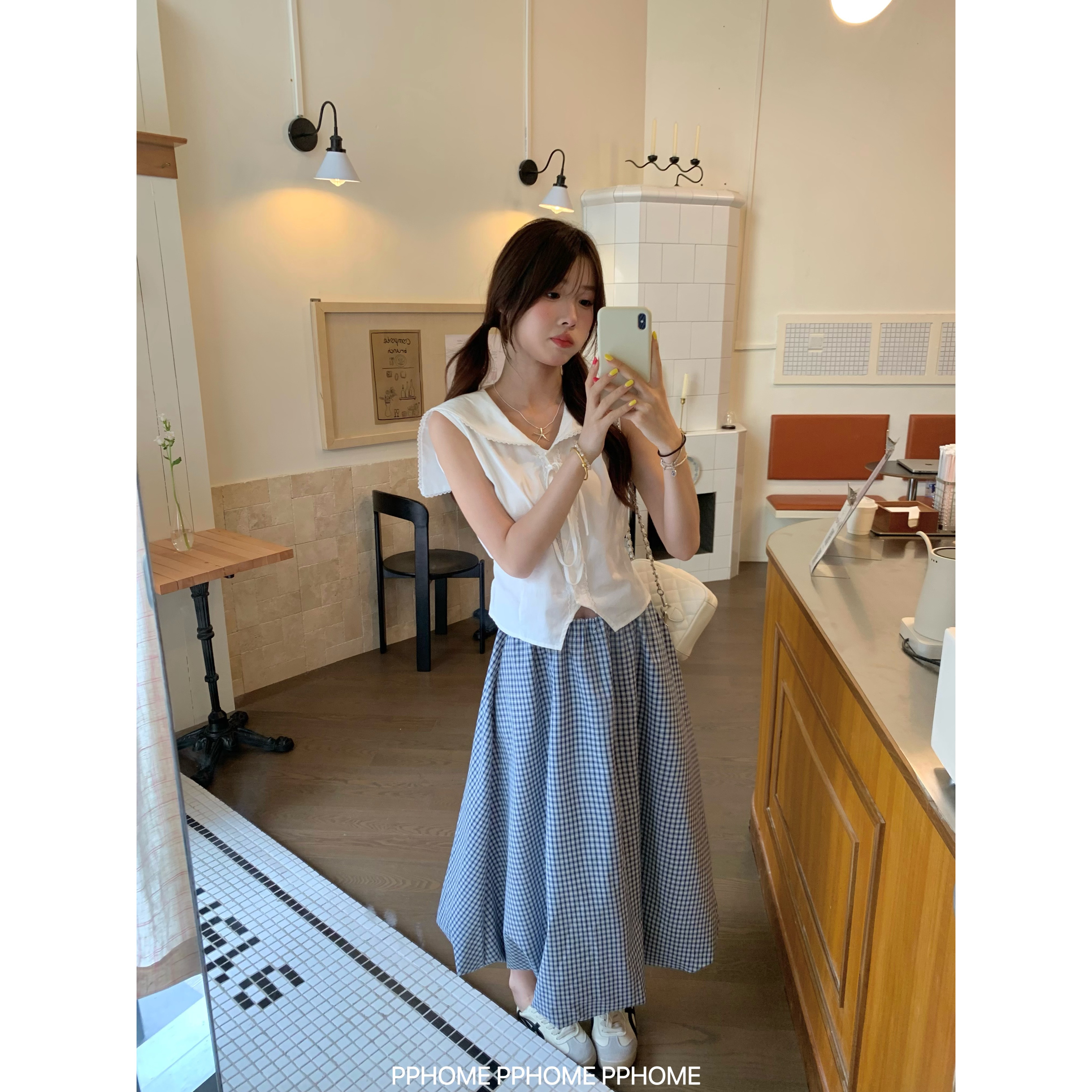 PPHOME自制~海军领无袖衬衫女夏学院设计感收腰上衣+格子半身长裙