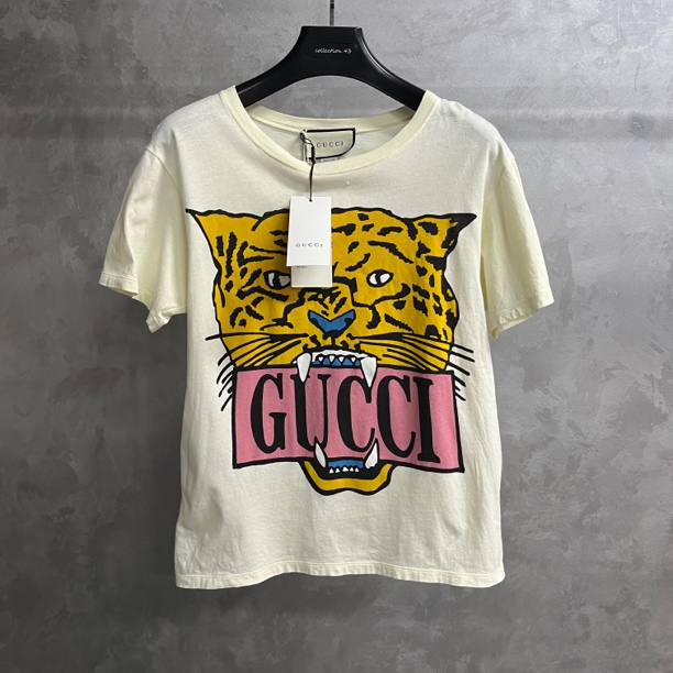 99新 GUCCI/古驰 白色老虎头印花图案圆领短袖T恤/xs