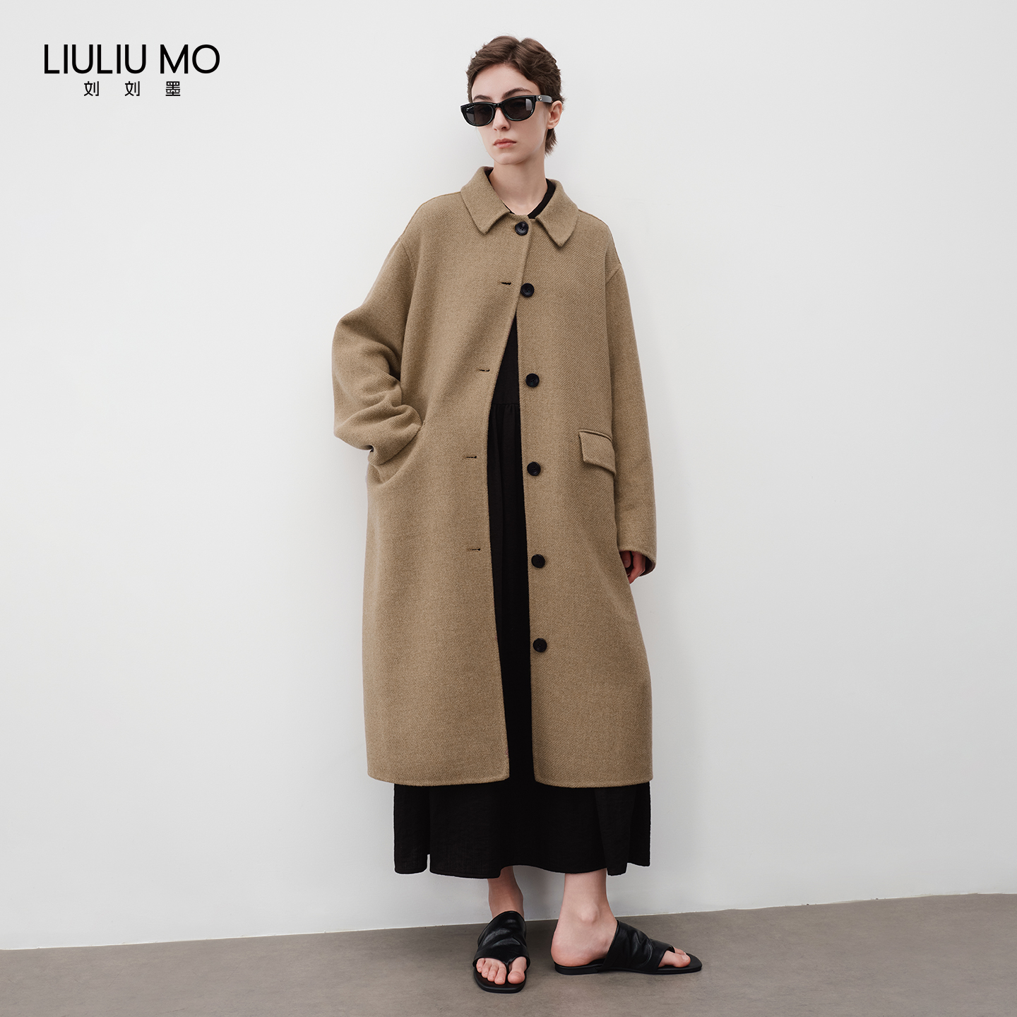 刘刘墨秋冬设计小众时尚卡其双面氛围感中长款翻领呢毛呢外套大衣