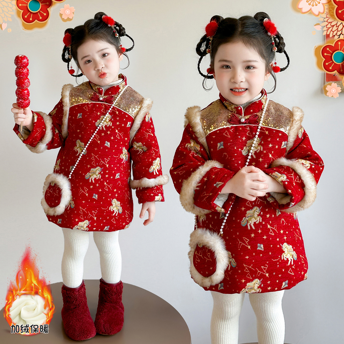 女童旗袍裙马年国风拜年服加绒加厚新款洋气红色喜庆连衣裙表演服