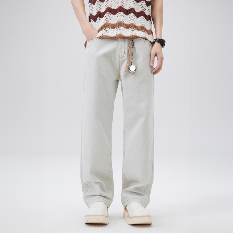 2025秋冬男女同款白色纯棉明线设计款宽松直筒牛仔长裤135