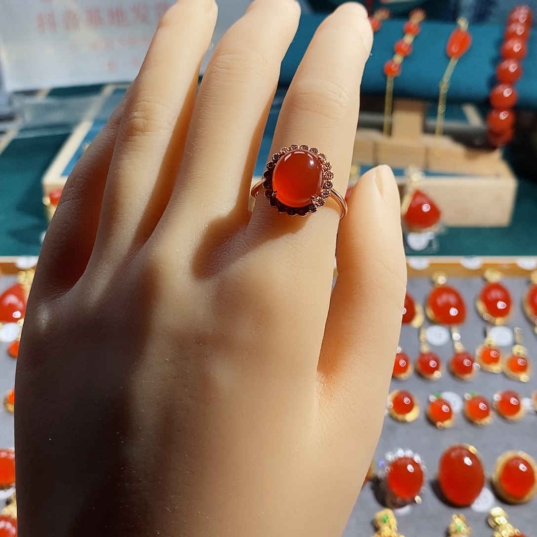 南红玛瑙戒指银S925镶嵌