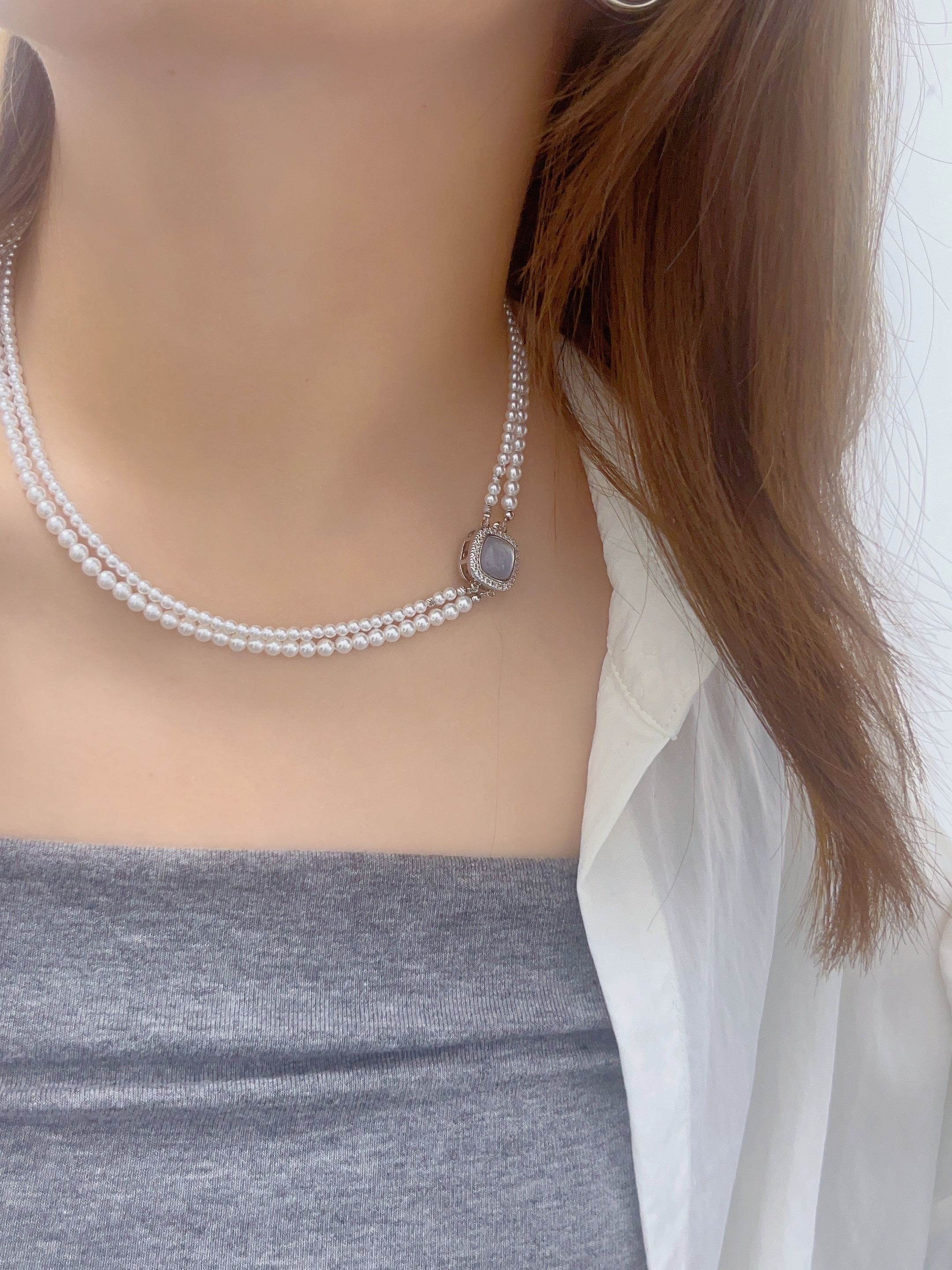 钛钢仿珍珠项链 法式珍珠叠戴女复古多层白贝吊坠颈链小众锁骨链