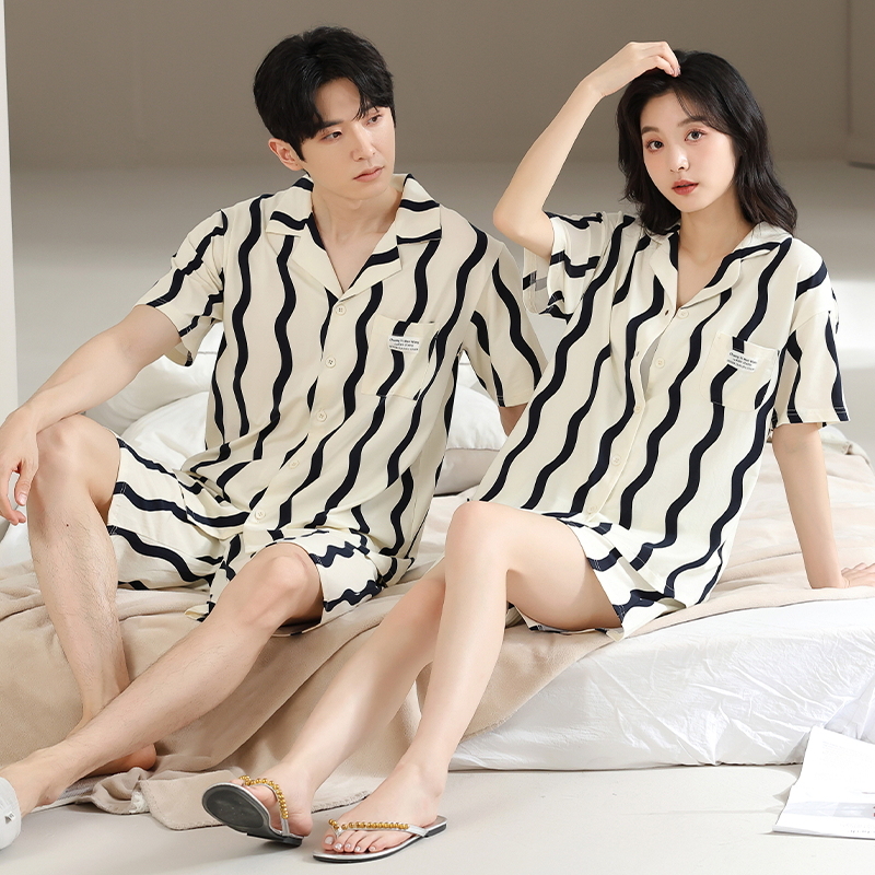 100%纯棉女士夏季翻领男休闲情侣短袖时尚韩版睡衣短袖家居服套装
