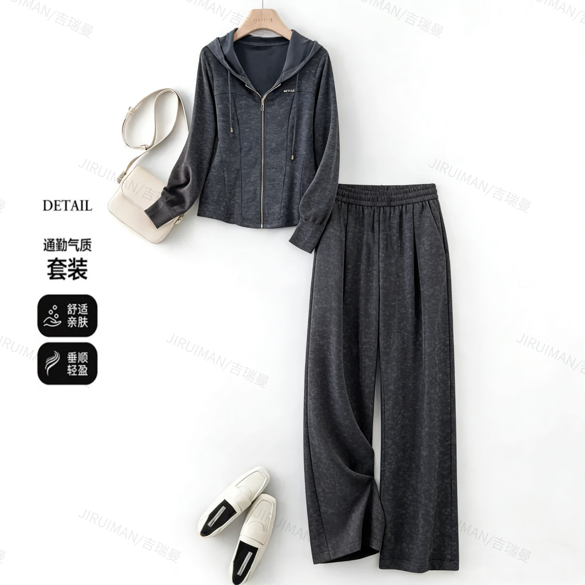 品牌撤柜--TA406春秋休闲抽绳连帽拉链长袖外套松紧腰长裤两件套