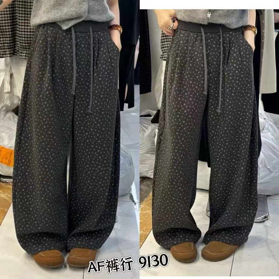 秋冬新款加厚碎花阔腿裤慵懒百搭休闲呢子拖地裤