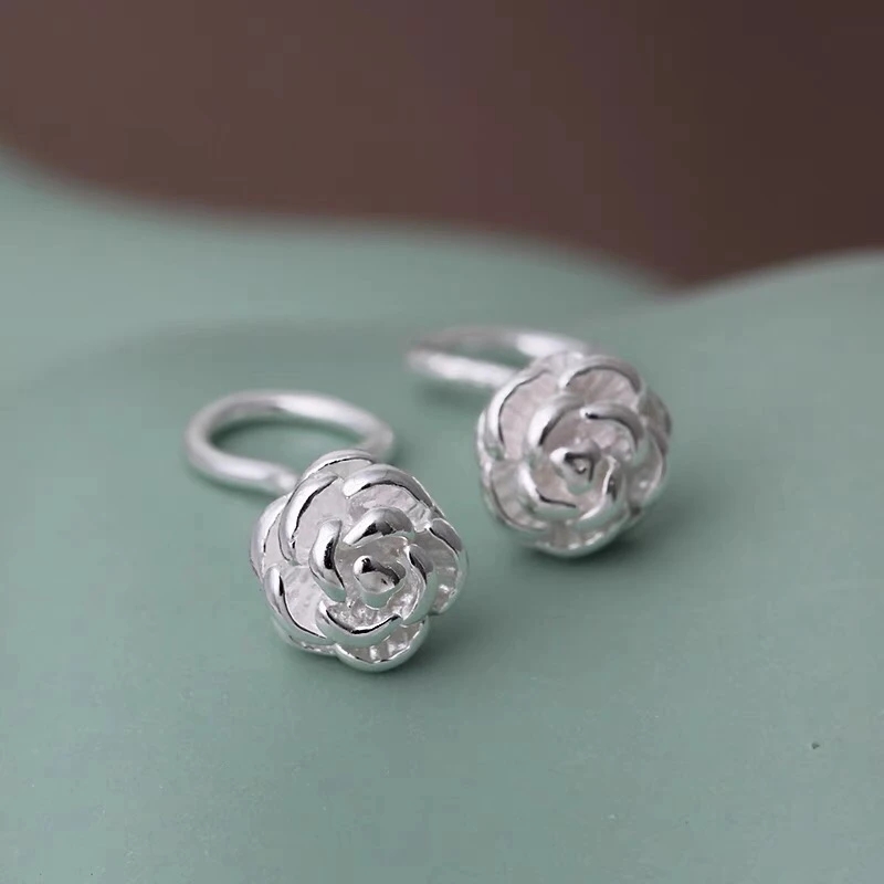 足银耳饰 足银弯钩玫瑰花耳钉亲肤防过敏