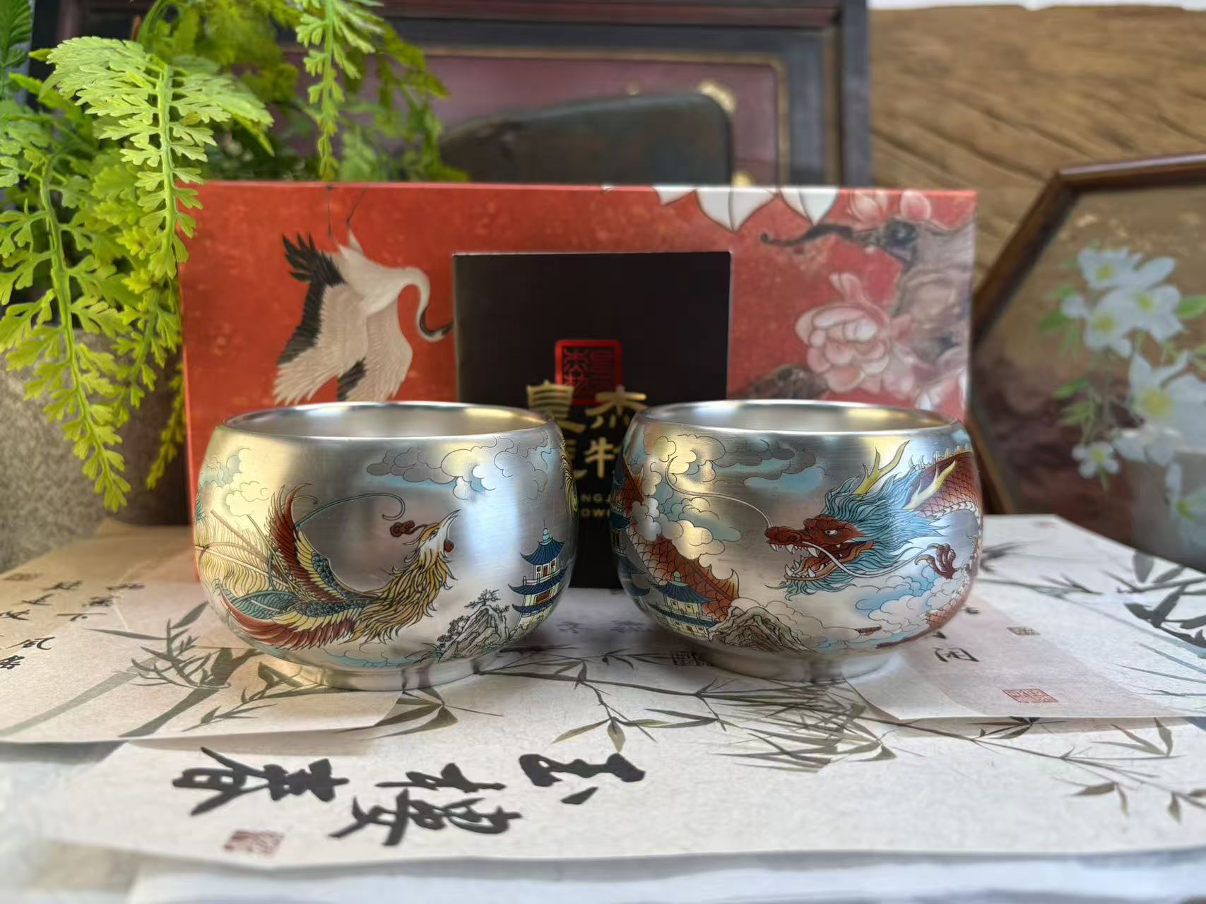 釉里红对杯-龙+凤单银罗汉杯周鸿杰+礼盒-2657