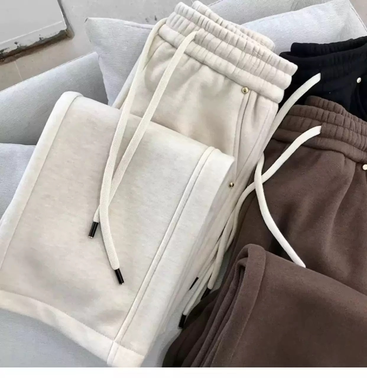 （暖绵绵防风阔腿休闲裤）宽松加厚抽绳直筒百搭纯色韩版