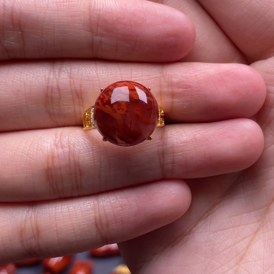 南红玛瑙银S925镶嵌珠宝奇石女戒