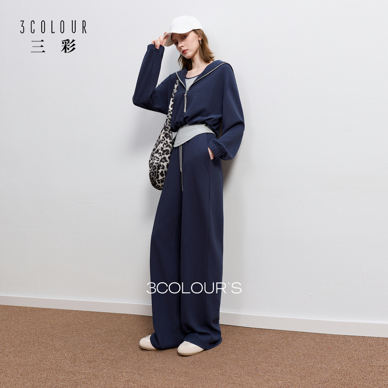 三彩2025初冬新款休闲三件套装海军领卫衣上衣T恤卫裤长裤女S