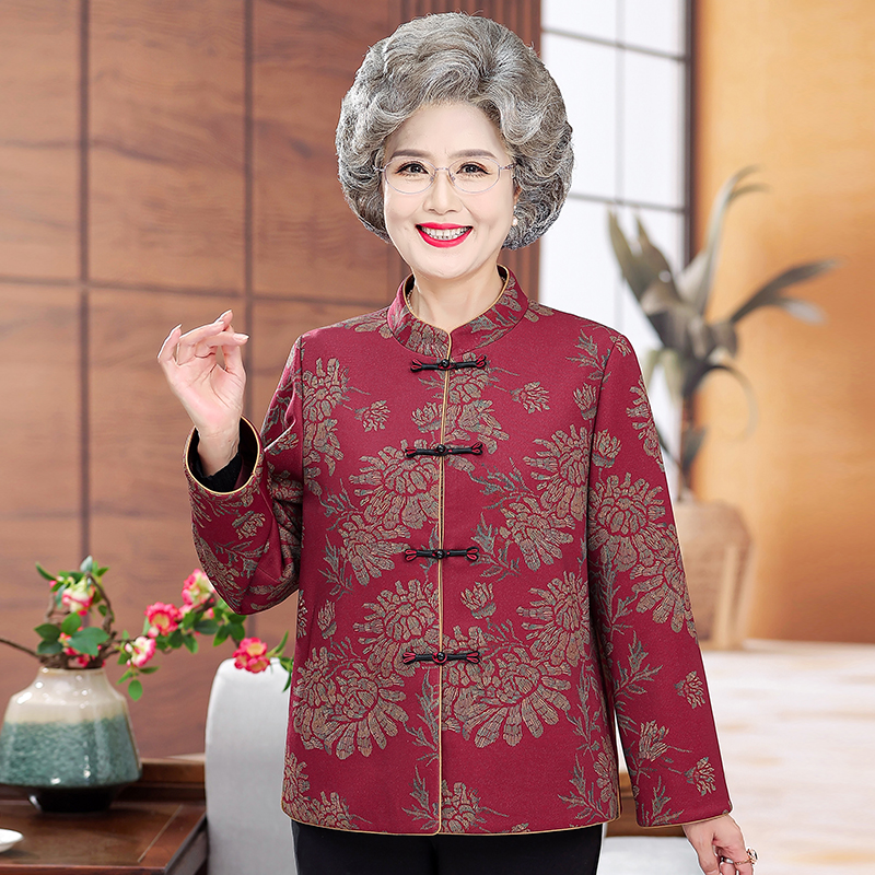 秋装中老年女装外套中国风盘扣妈妈长袖上衣奶奶圆领气质喜庆宽松