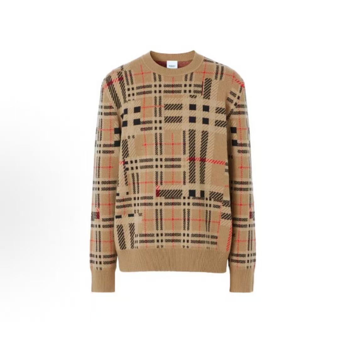 未使用 BURBERRY/博柏利 对比感格纹羊绒提花圆领针织衫LYGP049