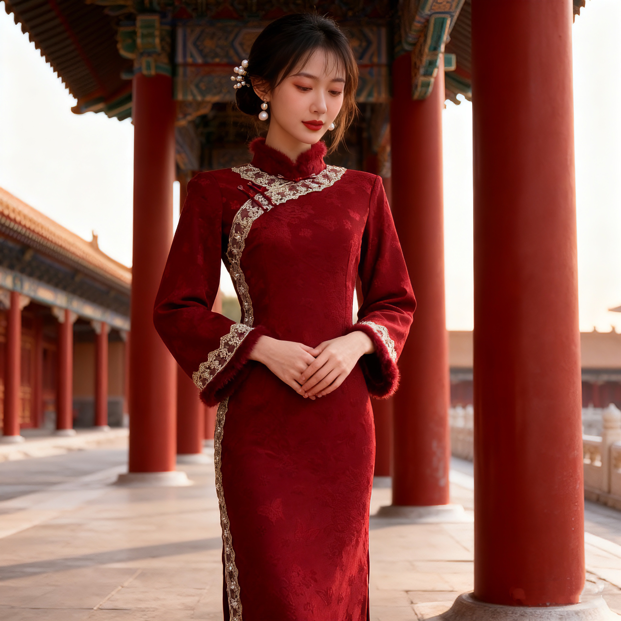 3388绯色流芳红色旗袍中国风女装连衣裙婚宴秋冬女款爆款2025新款