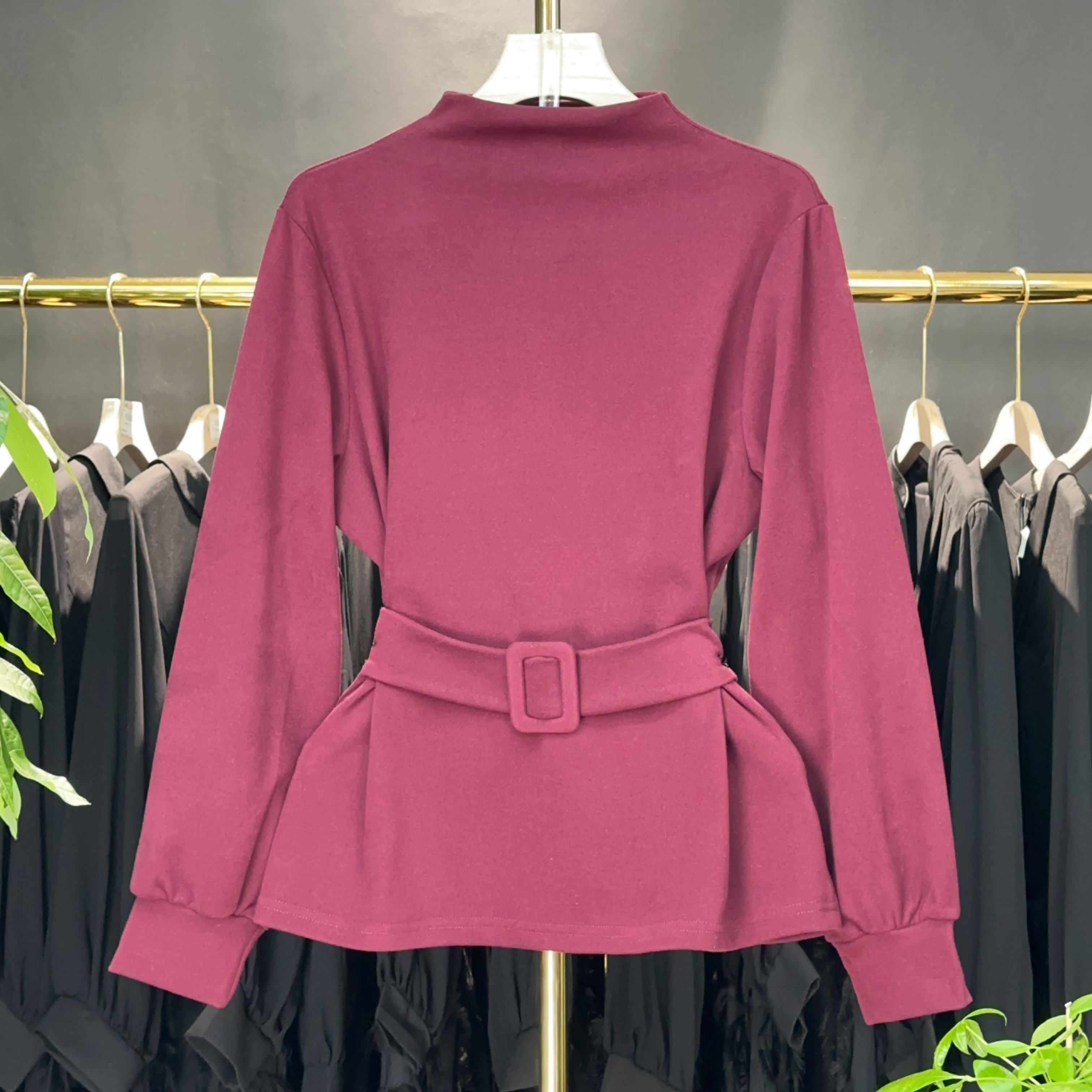 W611 气质百搭长袖套头显瘦新款腰带设计感收腰上衣