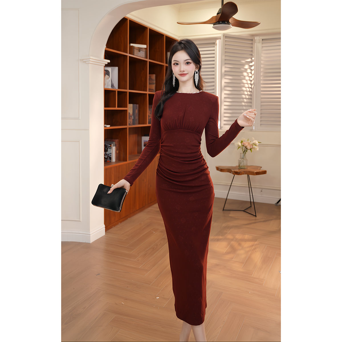 【香香定制】新款秋冬长袖气质显瘦开叉修身酒红色收腰连衣裙21952