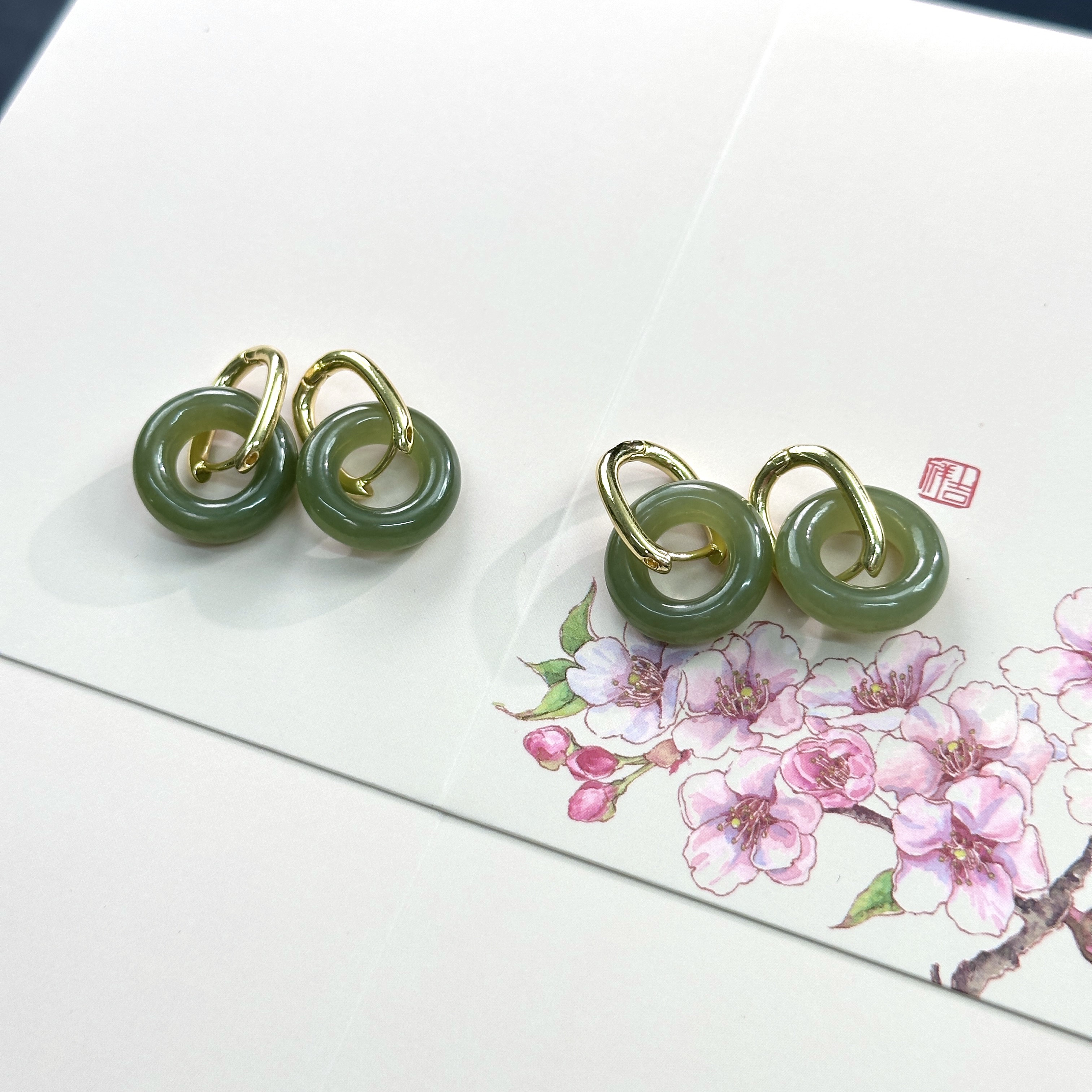 【Y82】和田玉甜甜圈耳扣多样性发其一副