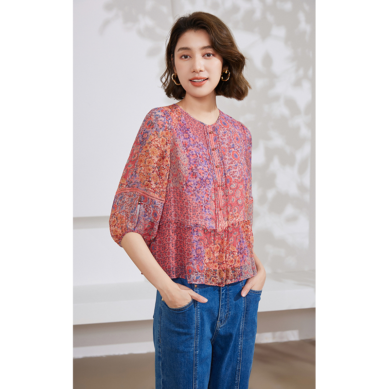 Gowani/乔万尼商场同款桑蚕丝衬衫洋气减龄设计女上衣EM2C880101