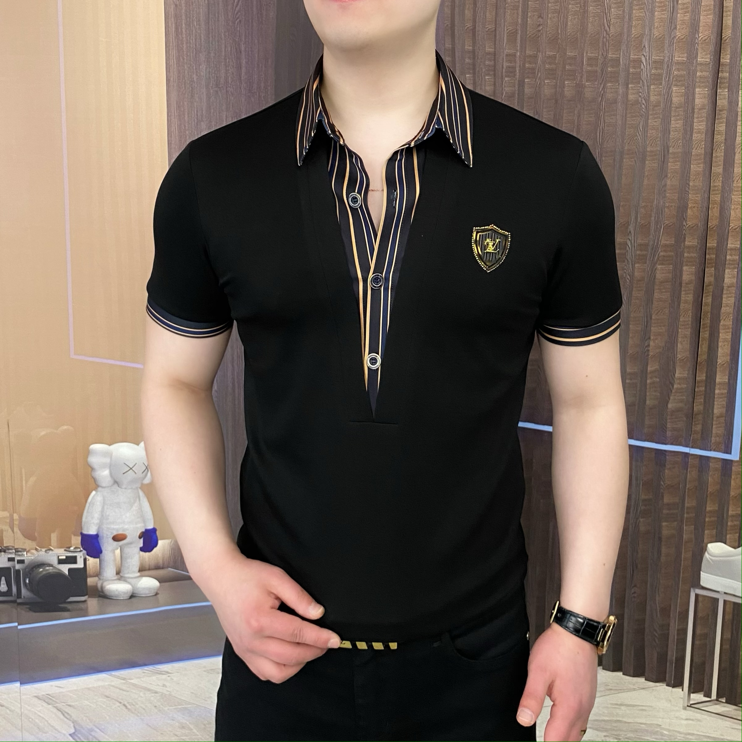 2025夏季T恤男士轻奢时尚休闲半袖潮流修身翻领帅气商务条纹百搭