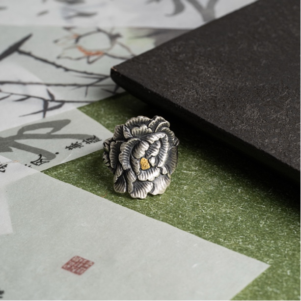 足银戒指   牡丹花丨纯手工錾刻金银错工艺复古开口戒