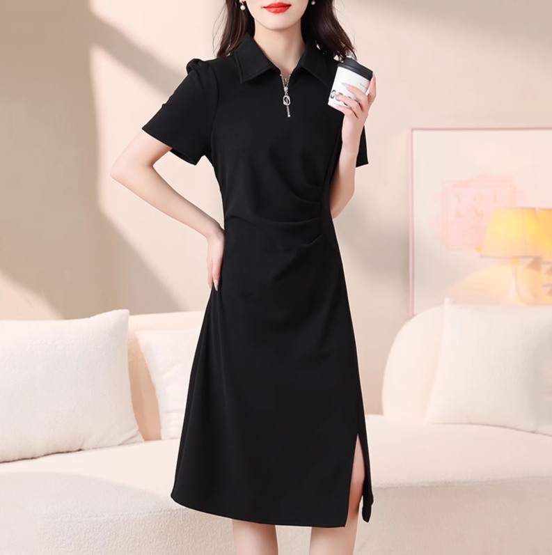 5899 夏季新款中长款显瘦polo领短袖连衣裙女