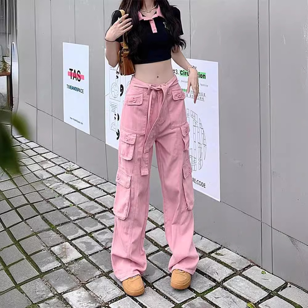 夏季高腰百搭宽松阔腿水洗ins辣妹牛仔工装裤美式阔腿裤长裤时尚