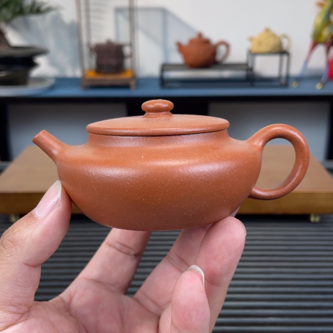紫砂茶壶红降坡扁晨140cc