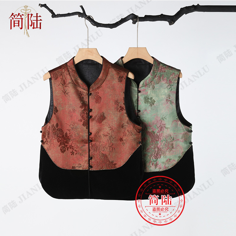 简陆【金竹报喜】宽松型厚款中国风立领马夹印花唐装时尚服装-10174