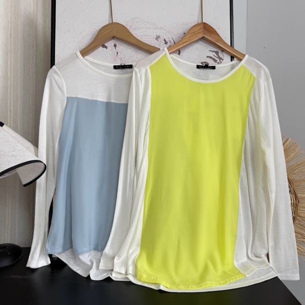 6385两色拼色钱短后长显瘦通勤圆领长袖宽松百搭T恤