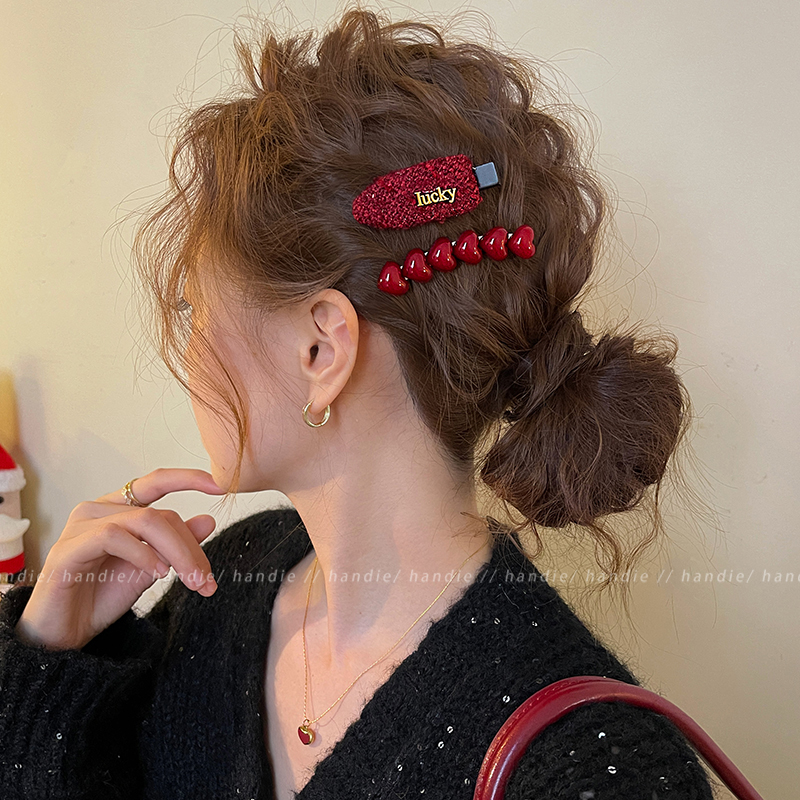 气质爱心毛呢发夹女前额侧边夹刘海夹子头饰2025新款高端圣诞发卡