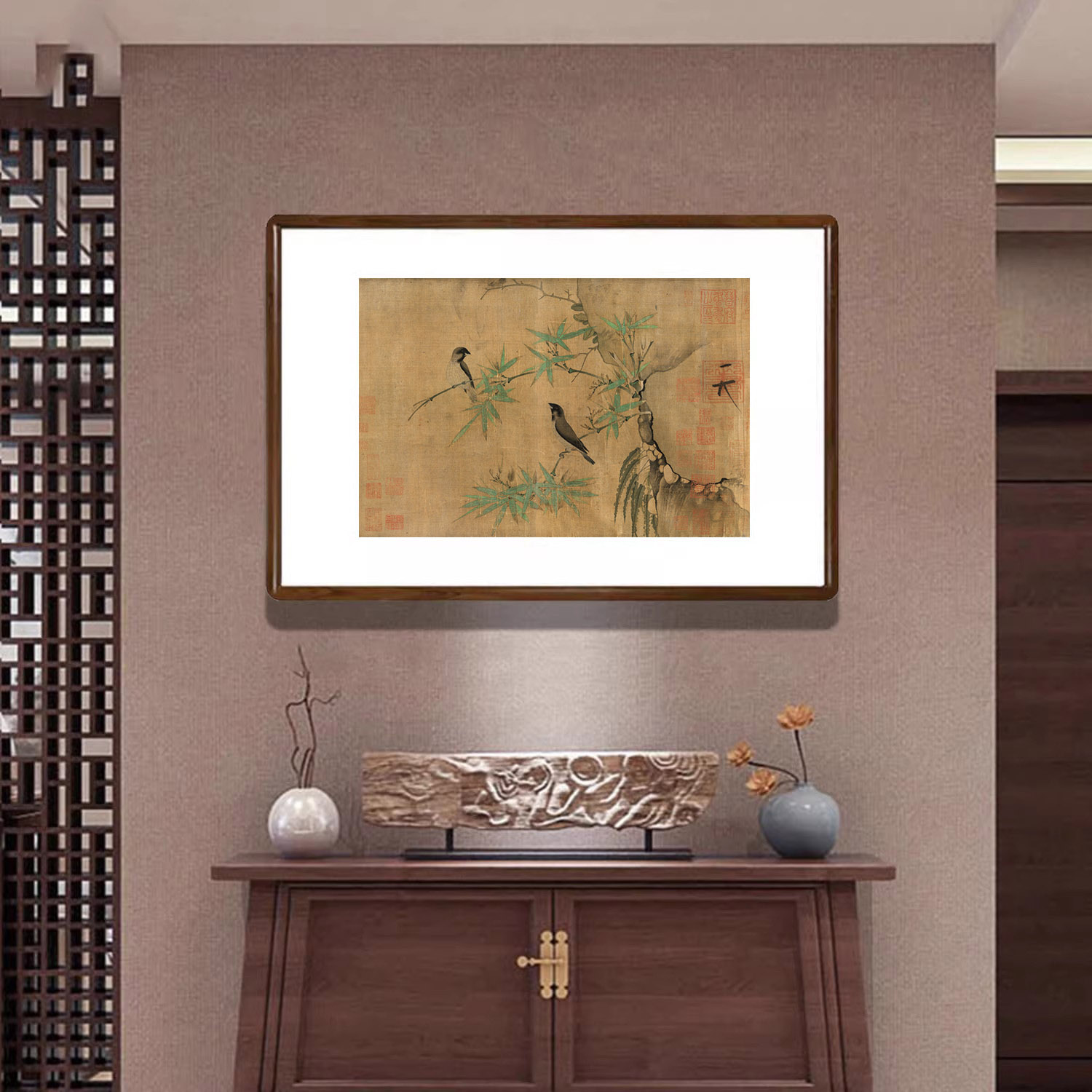 花鸟画竹禽图古代名画新中式客厅入户玄关装饰画书房茶室复古壁画