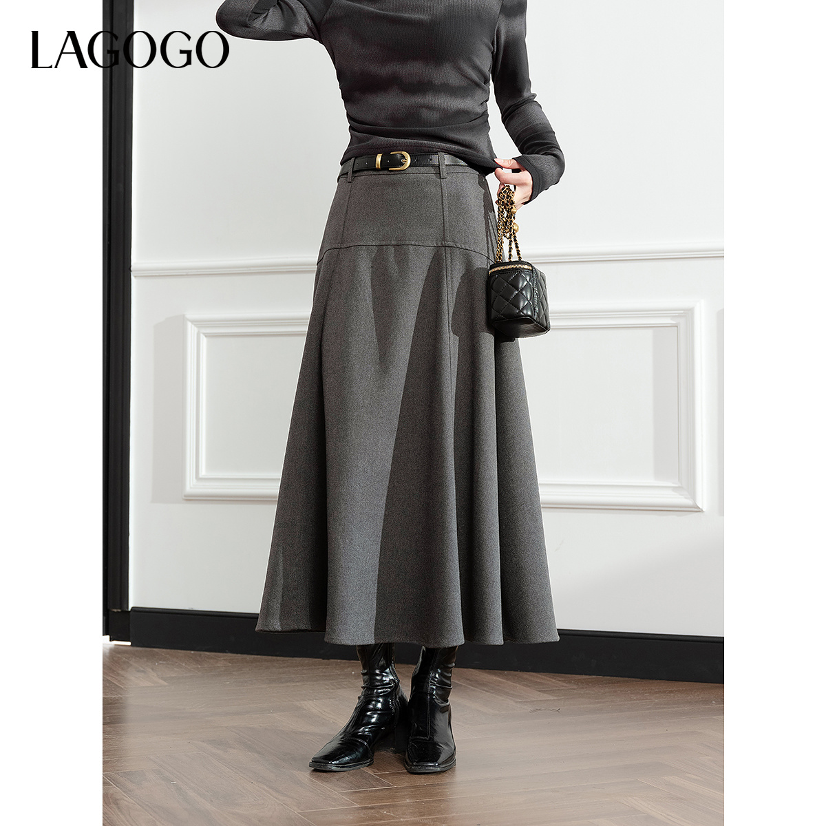 lagogo拉谷谷年新款垂顺气质通勤简约A字裙女NCBB33XC81