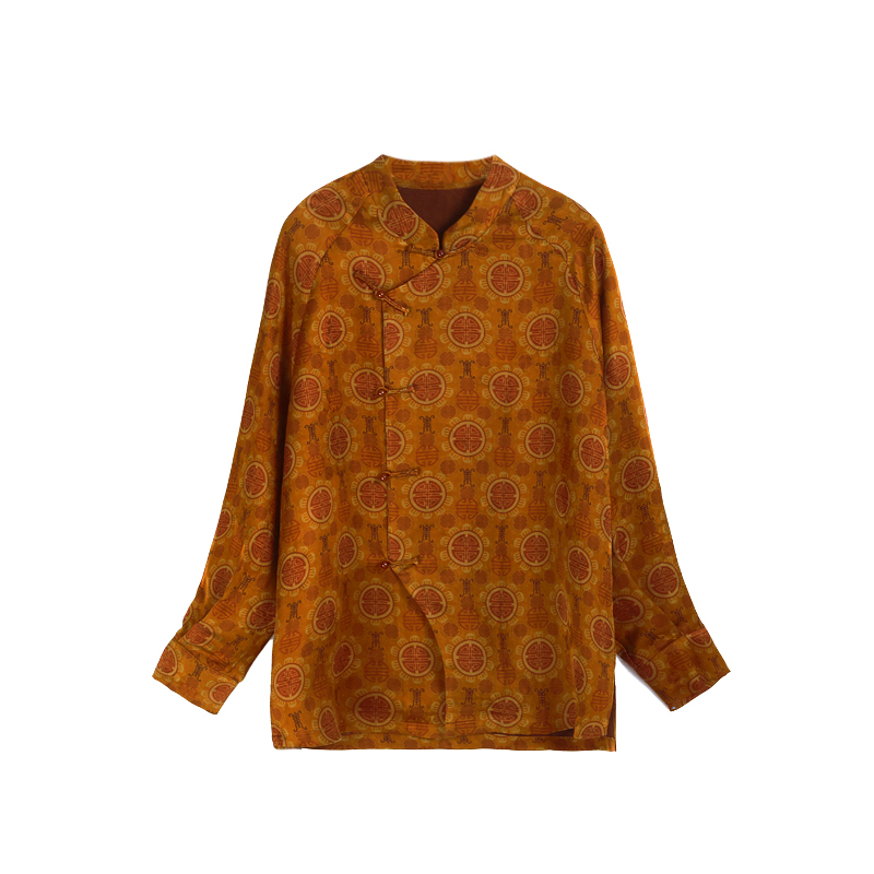 30姆米琵琶小唐人满桑桑波段提花香云纱立领长袖真丝衬衣12511