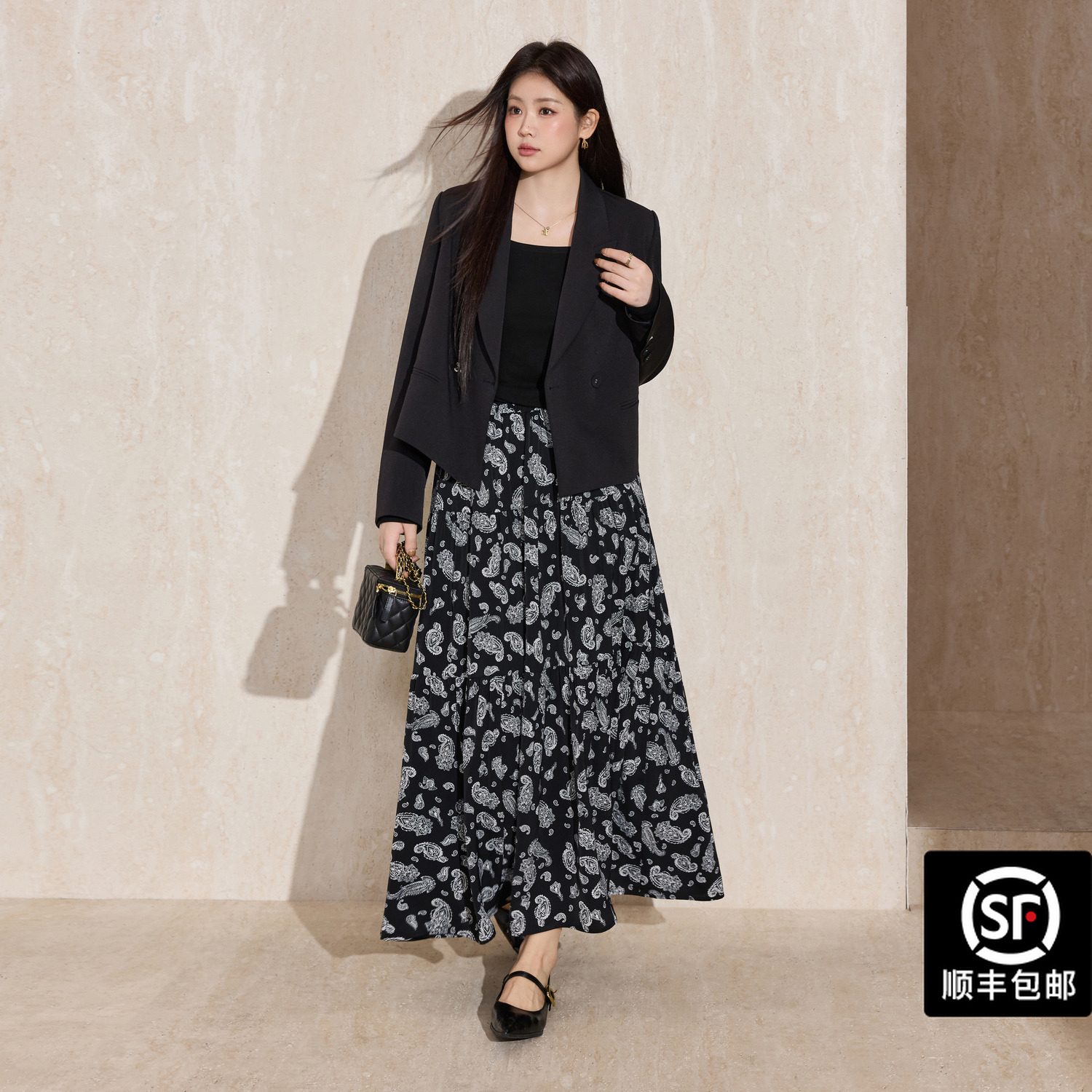 蓝语大码女装2025休闲百搭简约西装复古遮胯显瘦大摆半身长裙套装