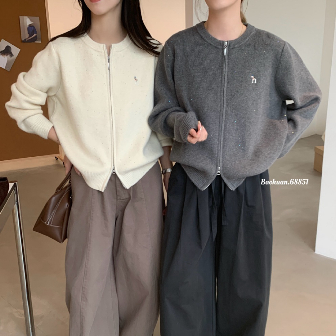68851 点子纱刺绣双拉链加厚毛衣外套