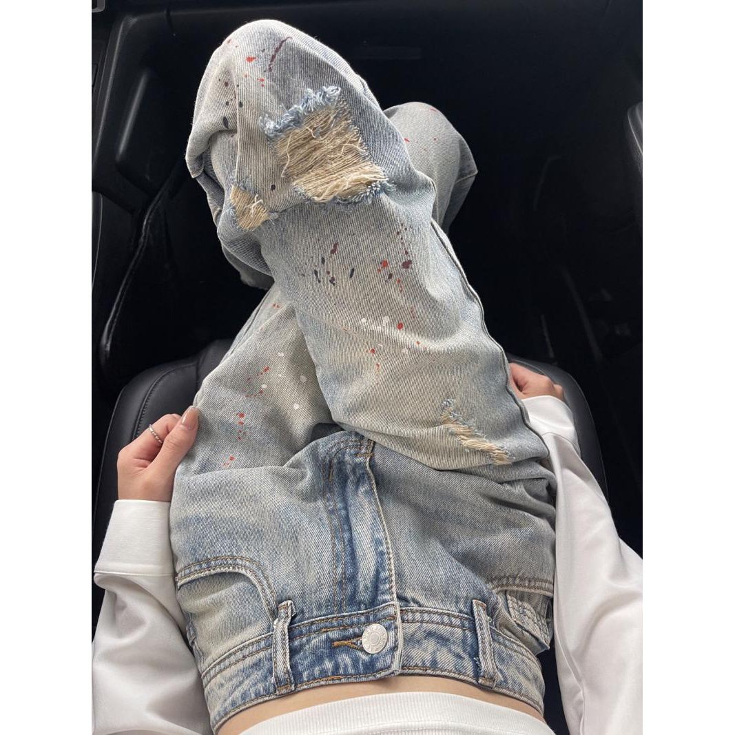 美式破洞直筒牛仔裤女夏季新款浅蓝色高腰宽松显瘦窄版阔腿裤子潮