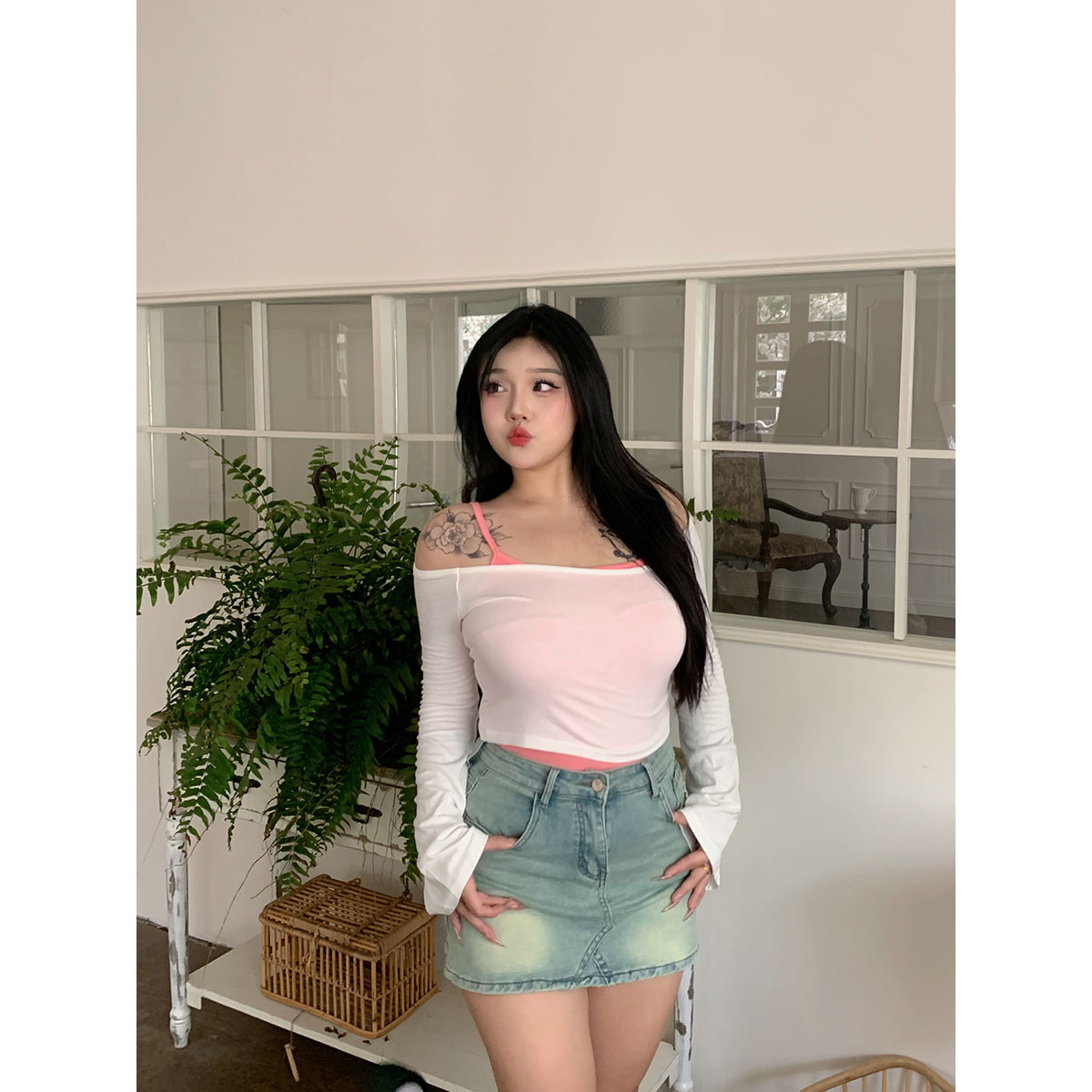 欣甜同款【上衣】一字肩短款长袖防晒罩衫微胖女显瘦两件套10950